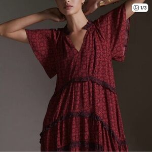 Anthropologie Burgundy Printed V-Neck Midi Dress, NWT, size XS